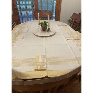 Vintage MCM White Table Cloth With Yellow Stripes 72” X 52” & 6 Napkins READ